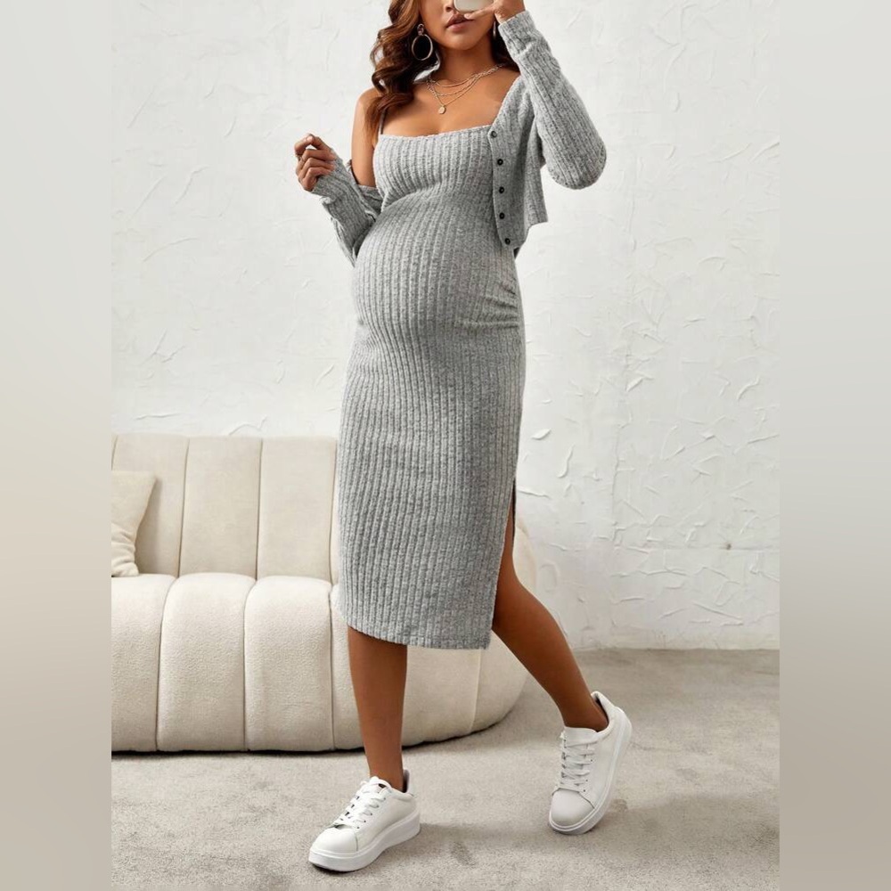 SHEIN Maternity Split Thigh Rib-Knit Cami Dress With Button Up Long Sleeve Cozy